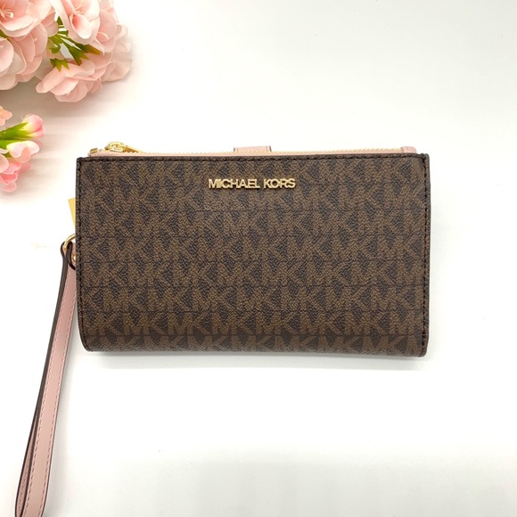 Michael Kors Jet Set Travel Double Zip Wristlet - Brown Signature/ Powder Blush - Picture 1 of 10